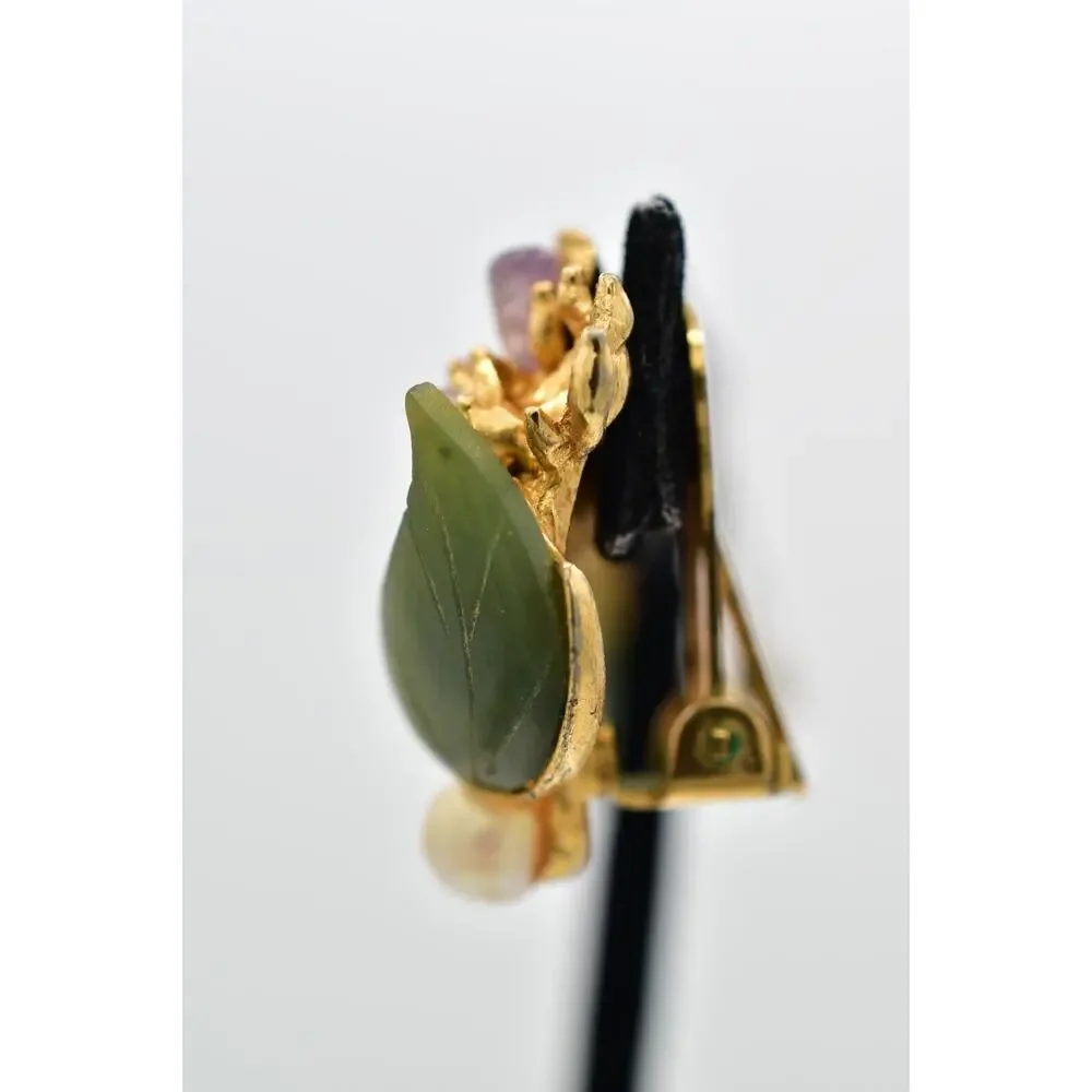 Swoboda Vintage Clip On Earrings Pearl Amethyst Jade Semi-Precious Signed 60s 9L